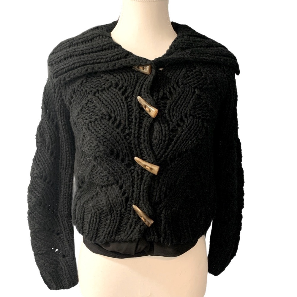 Maxmara Weekend Cable-knit cropped wool cardigan in Black Size Small - Picture 2 of 6